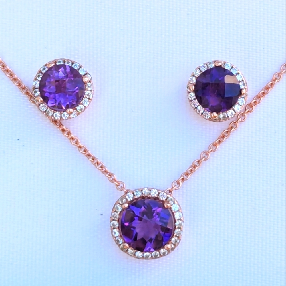 Rose Gold Amethyst Earrings Necklace Set